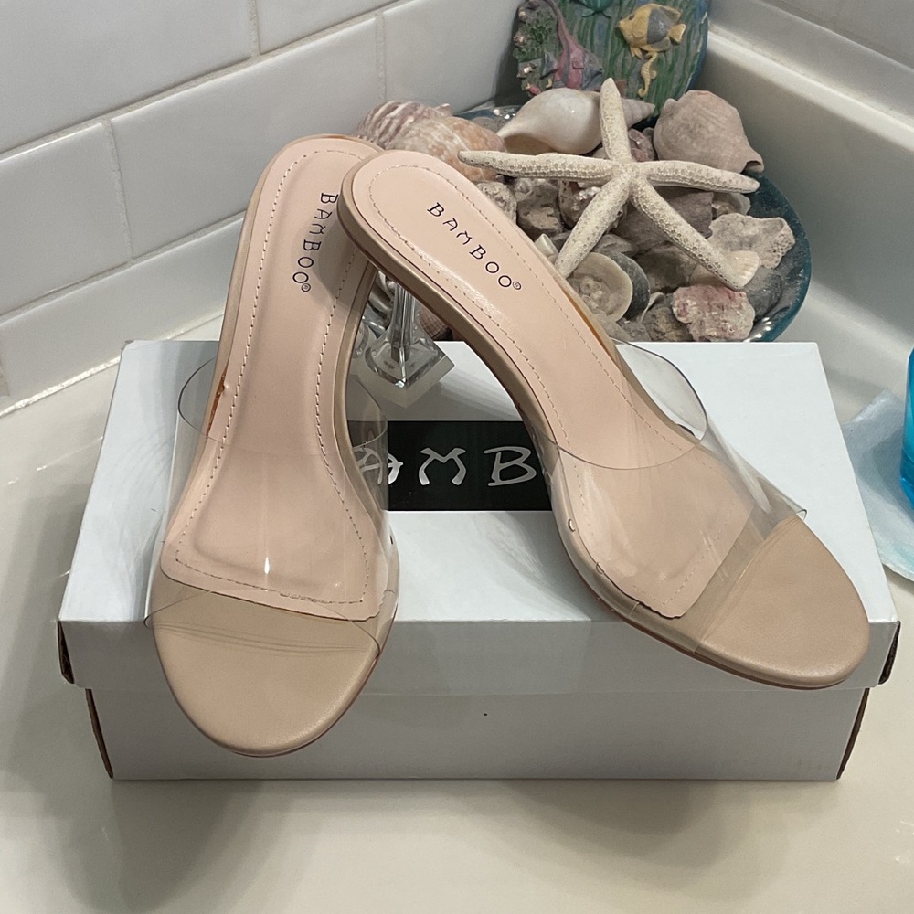 BAMBOO Women's Clear and Nude Heels